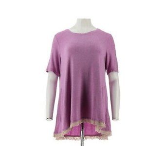 Heather Crepe Knit Top Eyelet Trim Purple Dusk S